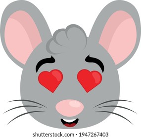 Vector illustration of the head of a cartoon mouse in love and eyes in the shape of a heart