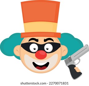 ilustración vectorial cabeza de un payaso ladrón de dibujos animados, con una máscara en la cara y una pistola en la mano