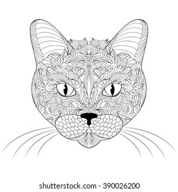 Vector illustration of head of cat on white background.Coloring page for adult.
