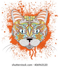 Vector illustration of head of cat on grunge splash