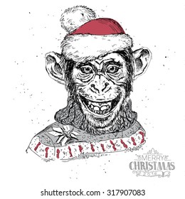 Vector illustration, Head chimpanzee in a cap. Merry Christmas card.