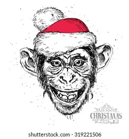 Vector illustration, Head chimpanzee in a cap. Merry Christmas card.