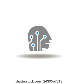 Vector illustration of head with circuit brain computer. Icon of AI Artificial Intelligence. Symbol of machine learning or AI chatbot.