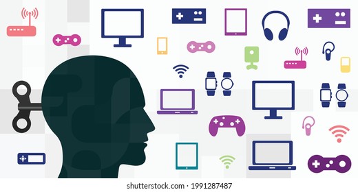 vector illustration of head with clockwork mechanism and gaming devices