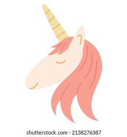 Vector illustration head of a cute fabulous pink unicorn with a mane isolated on white.