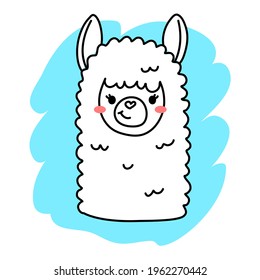 Vector illustration of head of cute happy line art llama on blue color background