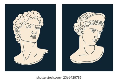 Vector illustration. Head of David, head of Venus. Sculpture. Poster. On a blue background