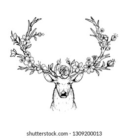 vector illustration of a head deer with antlers floral