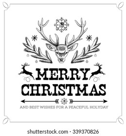 Vector illustration of head of deer with big horns. New Year's wishes. Merry Christmas And Happy New Year! Christmas vintage postcard. Christmas ornament decoration background with typography.