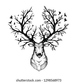 vector illustration of a head deer with forest background