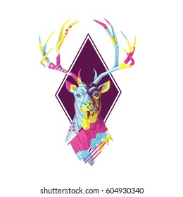 vector illustration. Head of a deer with horns graphics for T-shirts. In style 80, 2d strips of Memphis.