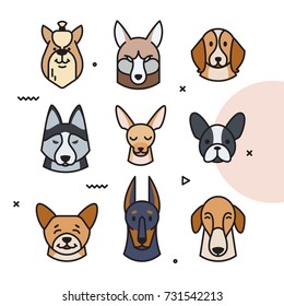 Vector illustration of a head of different breeds of dogs. Dog character can be used as a sticker, logo. 2018 year of the dog.