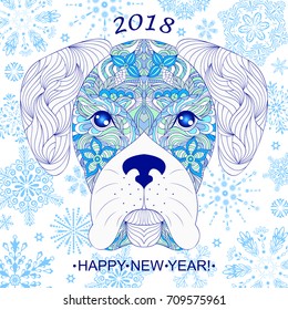 Vector illustration of head of dog on white background.New year card.