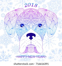 Vector illustration of head of dog on white background.New year card.