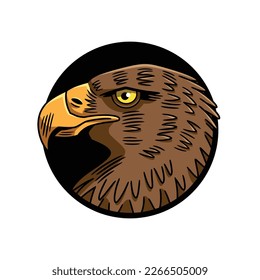 Vector illustration of the head of an eagle, framed in a circular shape, in color and black border lines..