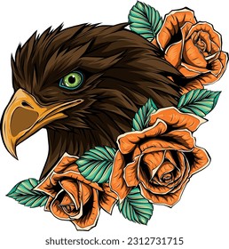 vector illustration of head eagle with red roses