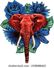 vector illustration of head elephant with blue flower