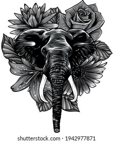 Vector illustration of head elephant with flower.