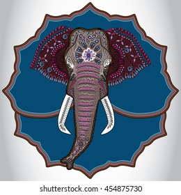 Vector illustration of the head of elephant in zentangle style. Hand-drawn ornament  with ethnic floral doodle pattern.