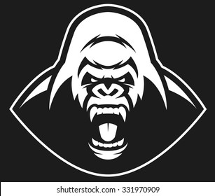 Vector illustration, head evil ferocious gorilla shouts, mascot