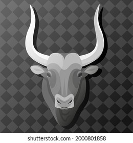 Vector illustration the head, face of an iron white bull. Traditional Chinese zodiac. Symbol of the year. Ox. Geometric dark grey background.