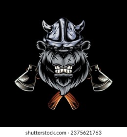 Ilustración vectorial cabeza de un oso feroz, contorno sobre fondo negro