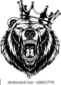 Vector illustration, head of a ferocious grizzly bear wearing a crown, black outline on a white background