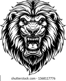 Vector illustration, head of a ferocious lion, black contour on a white background