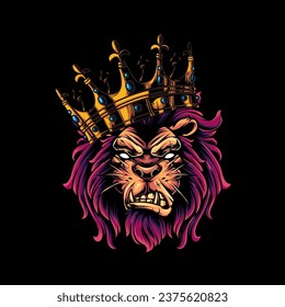 Vector illustration, head of a ferocious lion wearing accessories, on a black background.