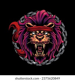 Vector illustration, head of a ferocious lion wearing accessories, on a black background.