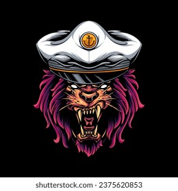 Vector illustration, head of a ferocious lion wearing accessories, on a black background.