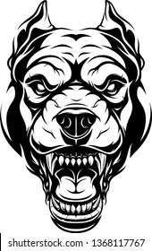 Vector illustration, head of a ferocious pit bull growls, black contour on white background.