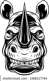 Vector illustration, head of a ferocious rhino, black contour on white background