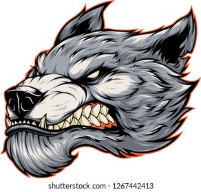 Vector illustration, head of a ferocious werewolf wolf, in cartoon style, isolated on white background
