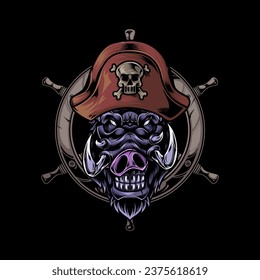 Vector illustration, head of a ferocious wild boar wearing accessories, on a black background.