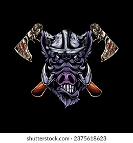 Vector illustration, head of a ferocious wild boar wearing accessories, on a black background.