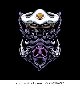 Vector illustration, head of a ferocious wild boar wearing accessories, on a black background.