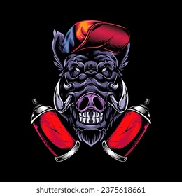 Vector illustration, head of a ferocious wild boar wearing accessories, on a black background.