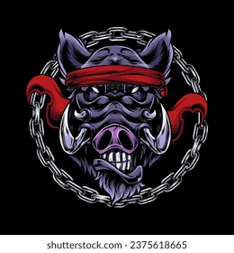Vector illustration, head of a ferocious wild boar wearing accessories, on a black background.