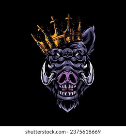 Vector illustration, head of a ferocious wild boar wearing accessories, on a black background.
