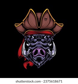 Vector illustration, head of a ferocious wild boar wearing accessories, on a black background.