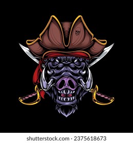 Vector illustration, head of a ferocious wild boar wearing accessories, on a black background.