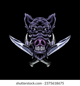 Vector illustration, head of a ferocious wild boar wearing accessories, on a black background.