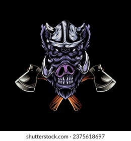 Vector illustration, head of a ferocious wild boar wearing accessories, on a black background.