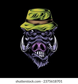 Vector illustration, head of a ferocious wild boar wearing accessories, on a black background.