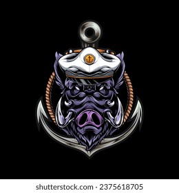 Vector illustration, head of a ferocious wild boar wearing accessories, on a black background.
