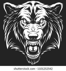 Vector illustration head ferocious wolf, outline silhouette on a black background