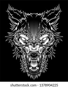 Vector illustration head ferocious wolf, outline silhouette on a black background