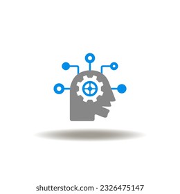 Ilustración vectorial de la cabeza con rueda de engranajes y circuito. Símbolo de la mente de IA. Icono de pensamiento positivo o crítico. Signo de aprendizaje automático.