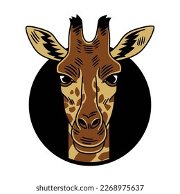Vector illustration of the head of a giraffe, framed in a circular shape, in color and black border lines.
